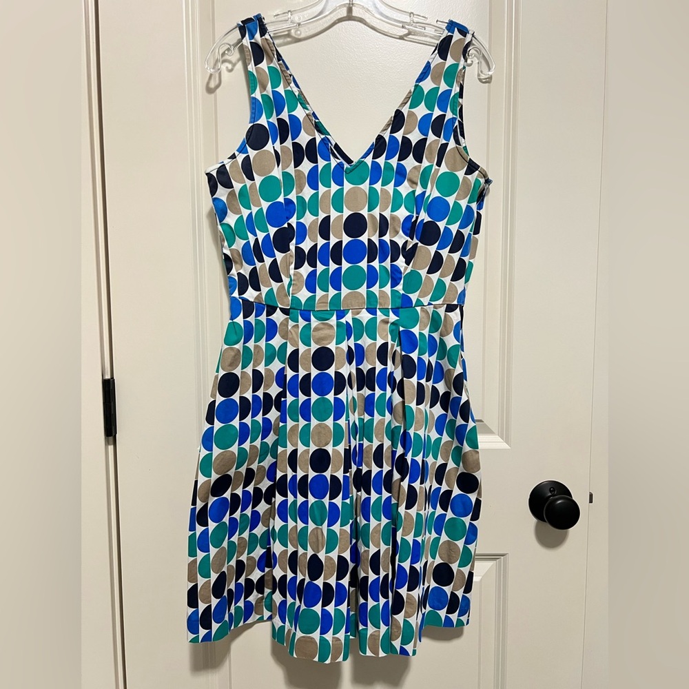 Banana Republic Blue Green Navy Tan Polka Dot Fit Flare Stretch Dress